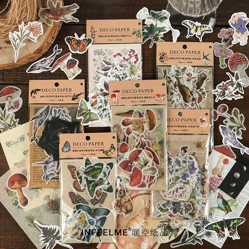 Material Paper Retro Plant Mushroom Hand Account DIY Decoration 100 Pieces Sticker Flakes  Notebook Stationery