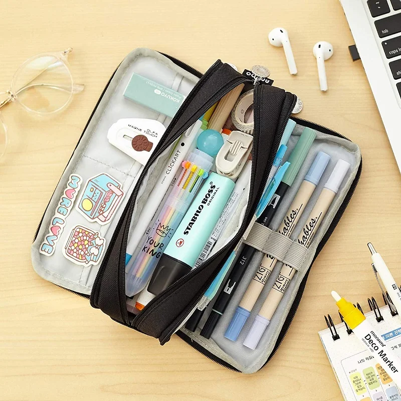 Large Capacity Pencil Case 3 Compartment Pouch Pen Bag for School Teen Girl Boy Men Women Solid Color Stationery Organizer Gift