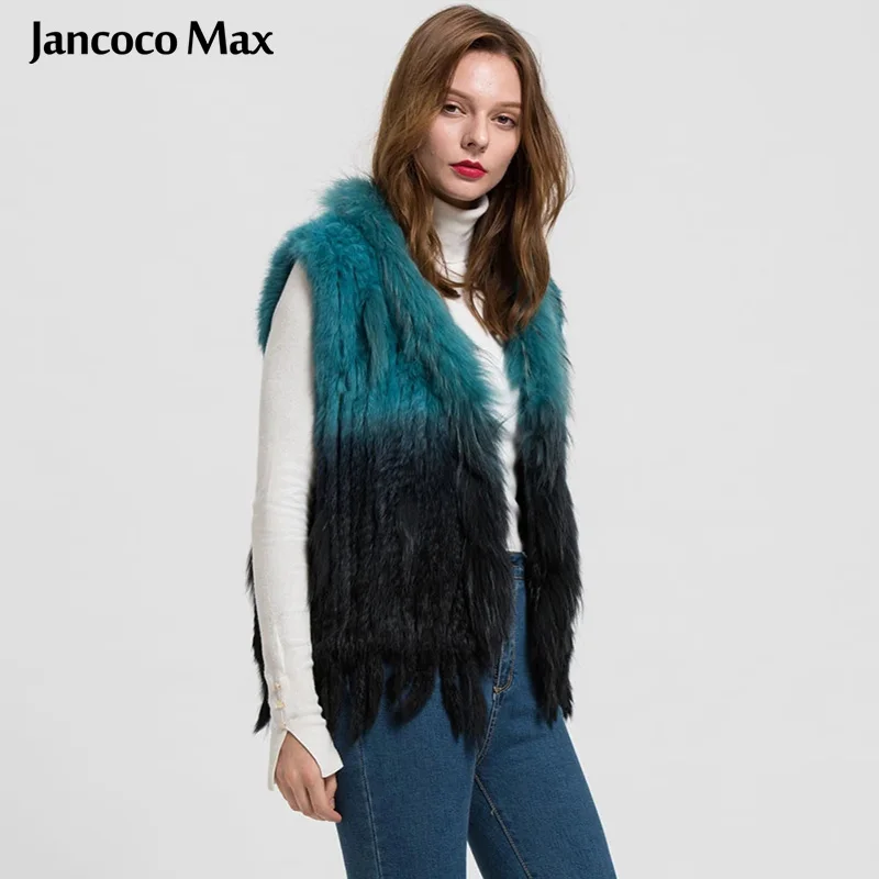 Jancoco Max Popular Real Fur Vest Women Genuine Rabbit Fur Knitted Gilet Winter Fashion Waistcot & Raccoon Fur Collar Trim S1718