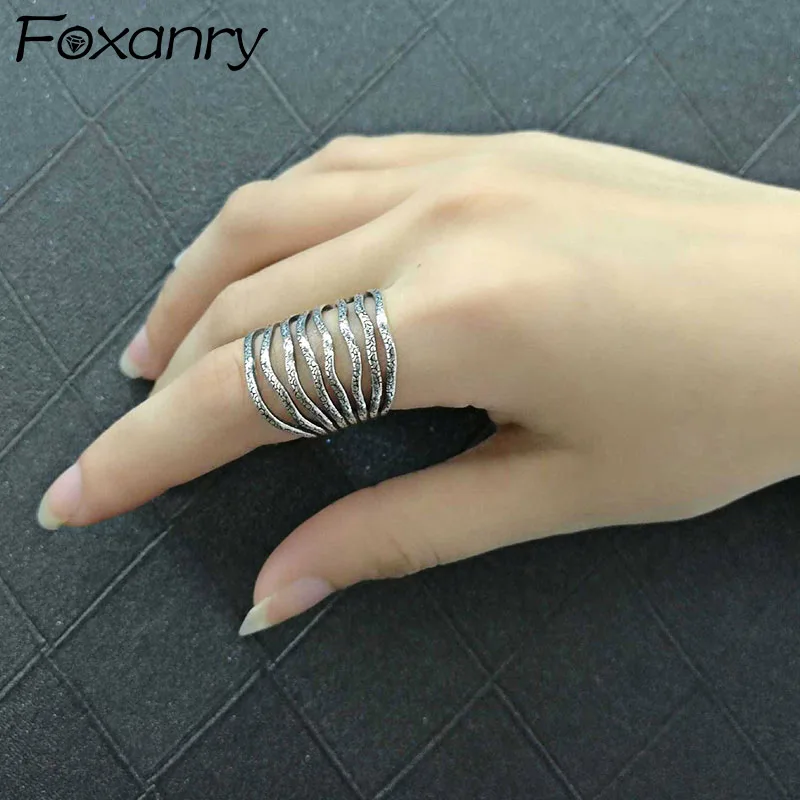 

Foxanry Stamp Width Rings for Women New Fashion Vintage Thai Silver Hollow Geometric Handmade Party Jewelry Gifts