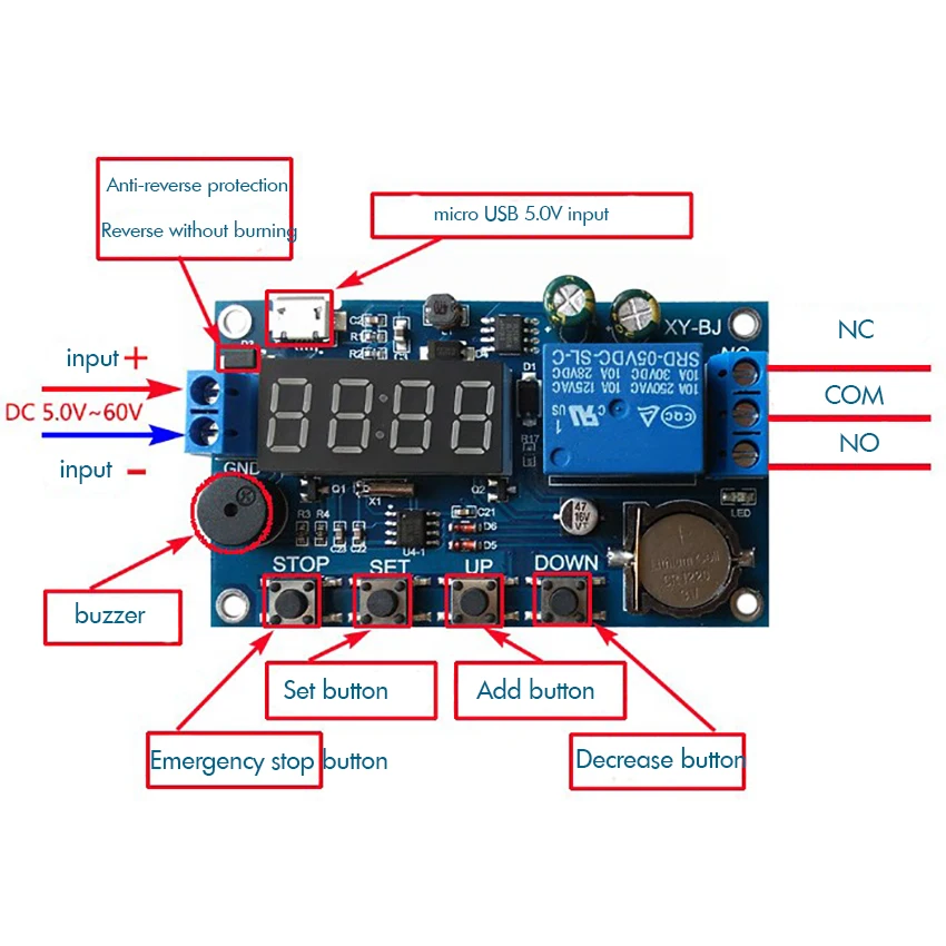 5.0V-60V Timer Relay Delay Module Digital Timer Relay On-Off Controller with Buzzer Alarm, 24H Timing, 5 Time Periods Adjustable