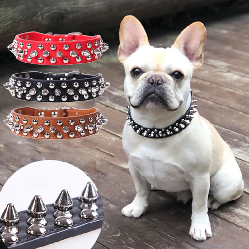 Collar de cuero ajustable para mascotas, correa para el cuello de cuero PU, Punk, con remaches y pinchos, para perros pequeños y gatos