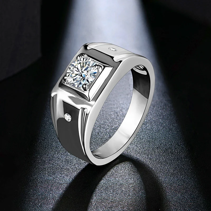 ATTAGEMS 1CT D Color 6.5mm Moissanite Diamond Men Ring Design Men Ring 100% 925 Sterling Silver Party Ring Father\'s Day Gift