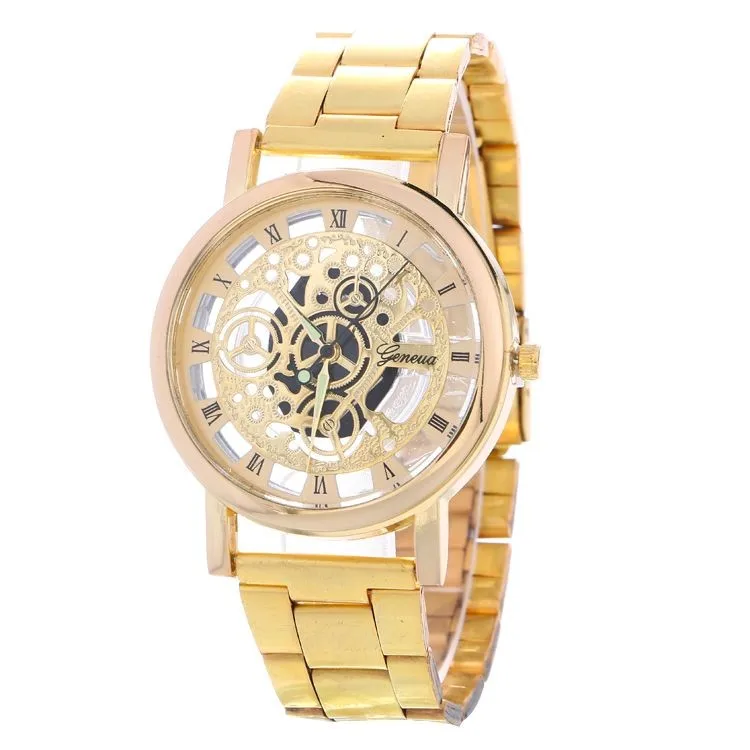 Brand luxury Vogue Casual Men Watch Gold Wristwatch Classic Style Mesh Belt Quartz Watches Engraving Hollow Design Women Watch