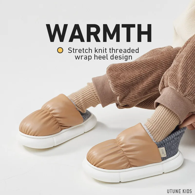 UTUNE KIDS Toast Slippers Children Winter Kids Shoes For Girls Boys Warm Plush PU Non-slip Slipper Heel Wrap House Flat