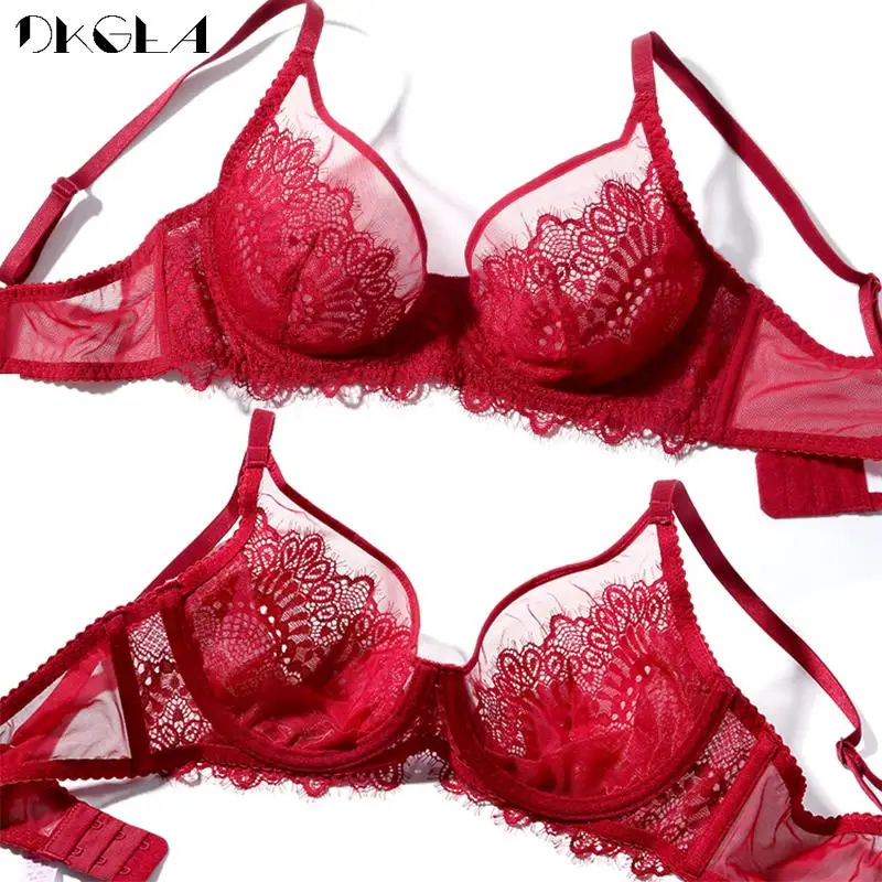 Top Sexy Bra Set Lace Burgundy Transparent Brassiere 3/4 Cup Embroidery Underwear Sets Ultrathin Bras Brand Women Lingerie New