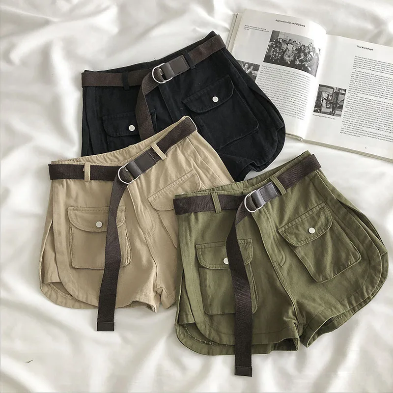 Safari Style Green Jeans Shorts Women Pockets Sashes High Waist Wide Leg Denim Shorts Office Lady Split A Line Casual Shorts