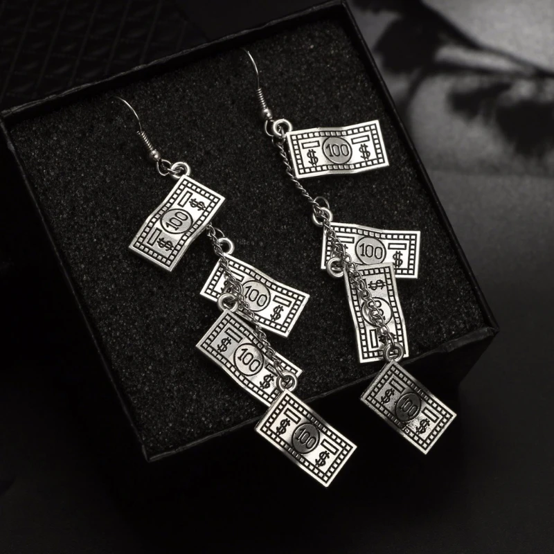 Antique Sliver Funny 100 Dollar Bill Money Currency Dangle Earrings For Women