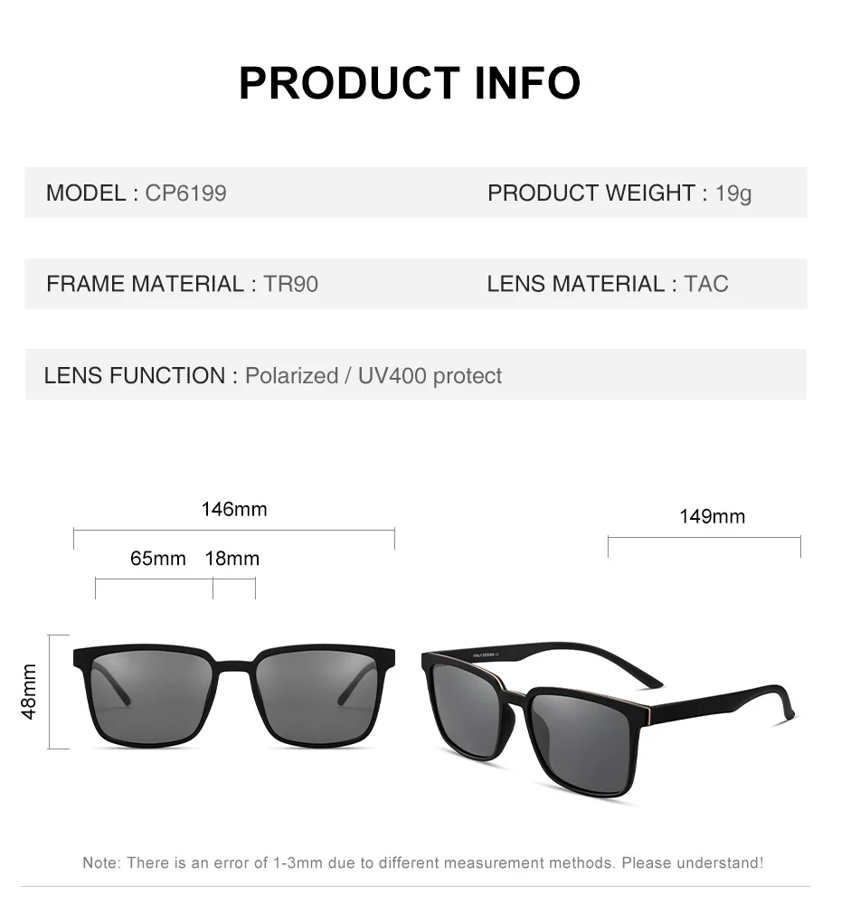 CAPONI Polarisierte Sonnenbrille Frauen Fashion Square Schwarz Shades Sonnenbrille Linsen Unterstützung Angepasst Myopie Rezept CP6199 – Detail 9
