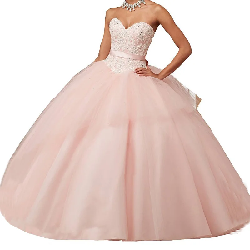 

Girls Pink Princess Sweet 16 Quinceanera Dresses Sweetheart Ball Gown Wedding Party Dress Bow Tie Prom Dress vestido de fiesta