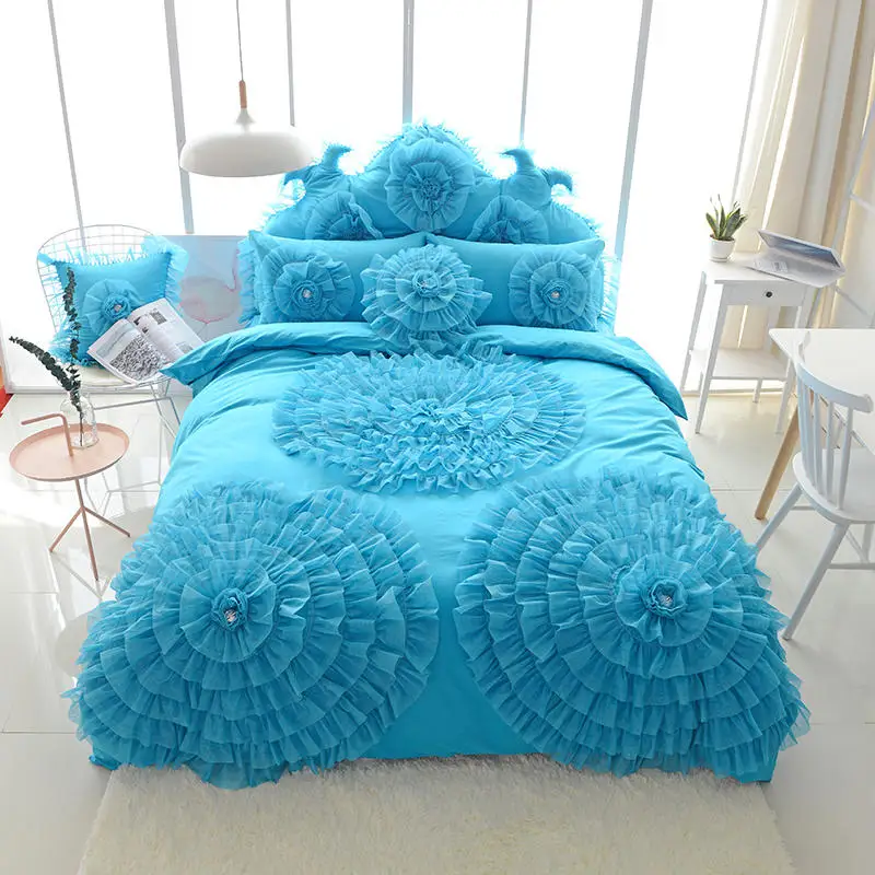 Luxury Princess Bedding Sets Korean Style Blue Lace Flowers Duvet Cover Bed Skirt Bedspreads Cotton Solid Color Home Textile