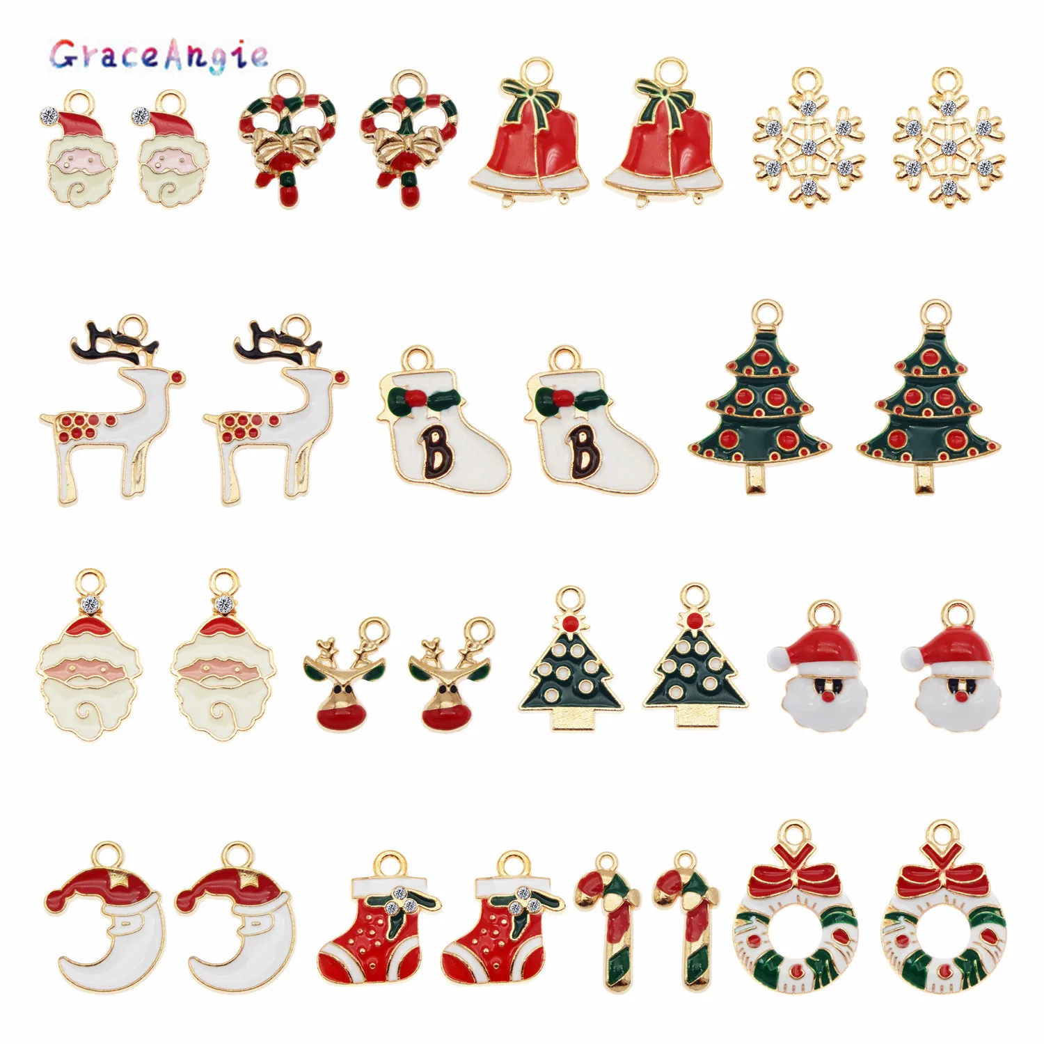 GraceAngie 10pc/10Pair Christmas Boot Snowman Boot Moon Bells Tree Garland Elk Snowflake Charms Pendants Jewelry Making Accessor