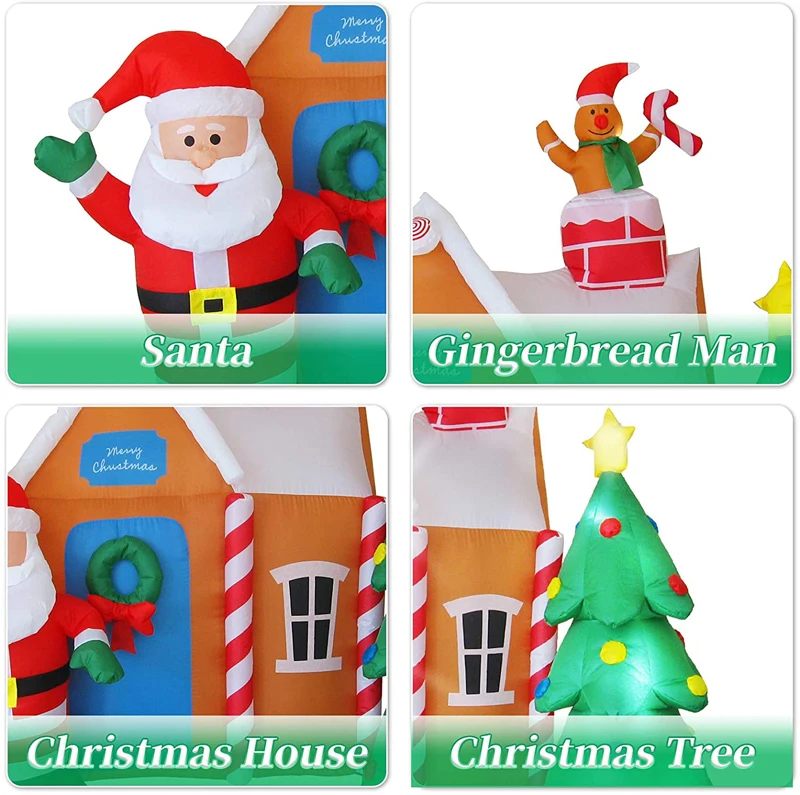 6 Ft Christmas Inflatable Santa\'s House with Christmas Tree & Gingerbread Man LED Blow Up Yard Decorations Christmas Party Toys