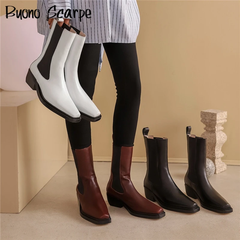 Genuine Leather Chelsea Boots Elastic Casual Chunky Ankle Boots Square Toe Leather Brand Designer Female Shoes Autumn Booties