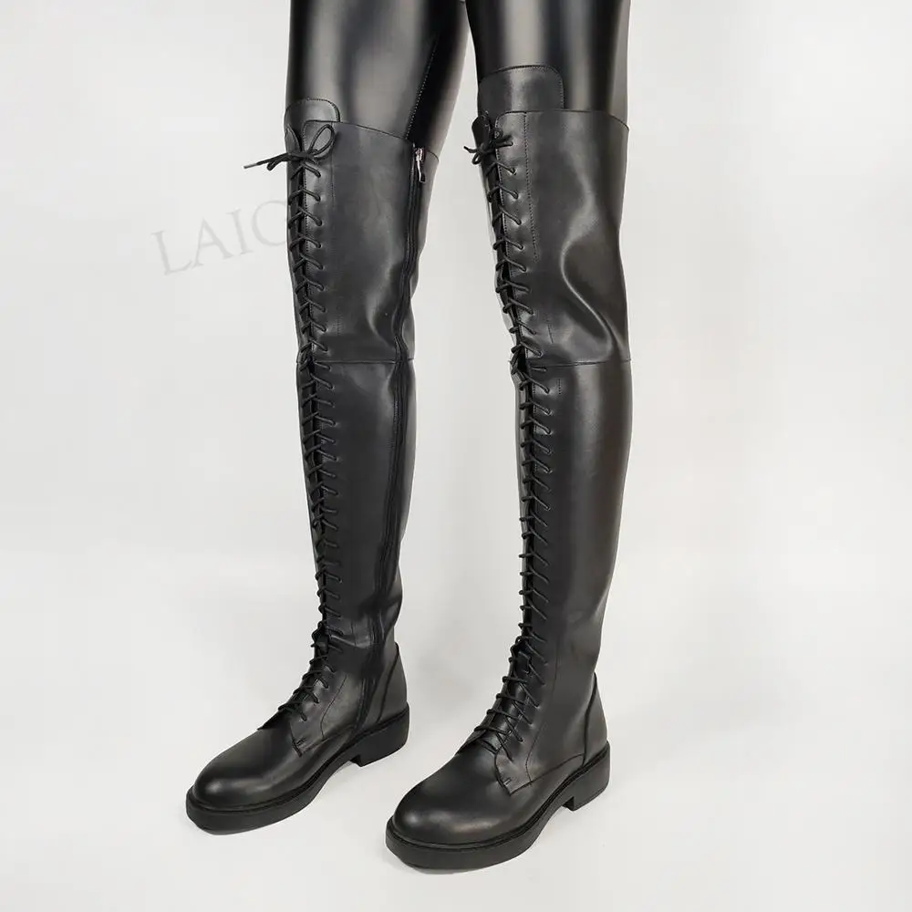 Laigzem品質女性膝高ブーツワイドワリフにやさしい低かかとジップアップユニセックス靴女性bota ş サイズ33 38 39 43