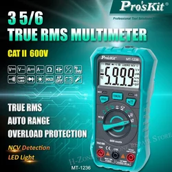 Pro'sKit MT-1236 3-5/6 True RMS cyfrowy multimetr ACA ACV DCA DCV zakres automatyczny elektryk odporny na oparzenia miernik LED oświetlenie