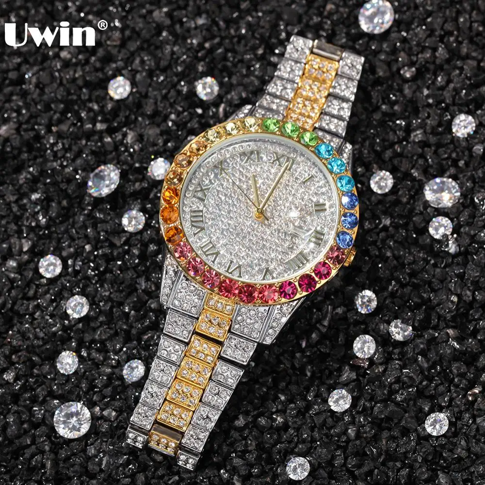 

UWIN HIP HOP Accessories for Men Iced Out Cubic Zirconia Quartz Watch With Micropave CZ Stainless Steel Belt Clock Dropshipping