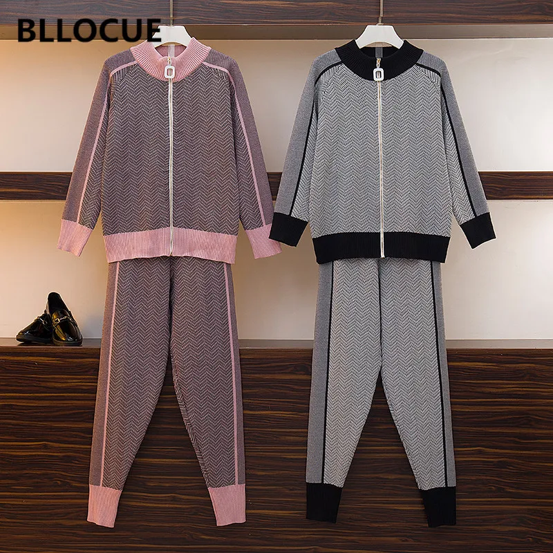 BLLOCUE Fashion Knitted Tracksuit Suit Woman 2020 Autumn Winter Women Zipper Striped Cardigans Jacket + Long Pants 2 Piece Set