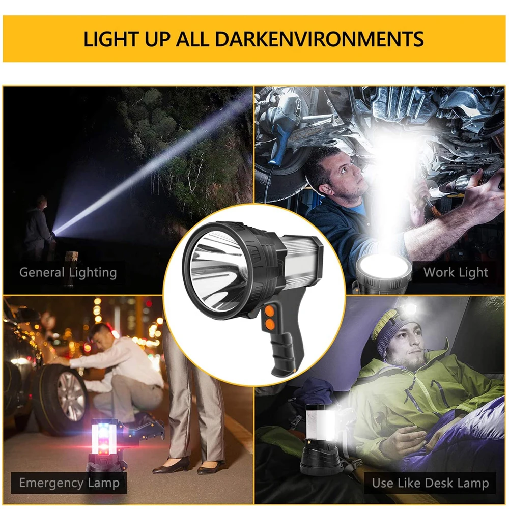 Led spotlight lanterna recarregável handheld holofote à prova dwaterproof água portátil tocha built-in bateria power bank lanterna de acampamento