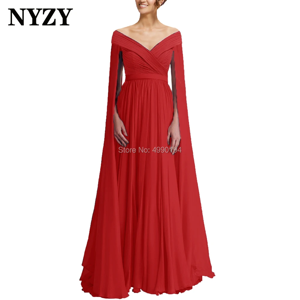 

Chiffon Off Shoulder Long Sleeves Elegant Red Mother of the Bride Groom Dresses 2020 NYZY M273 Formal Evening Gown