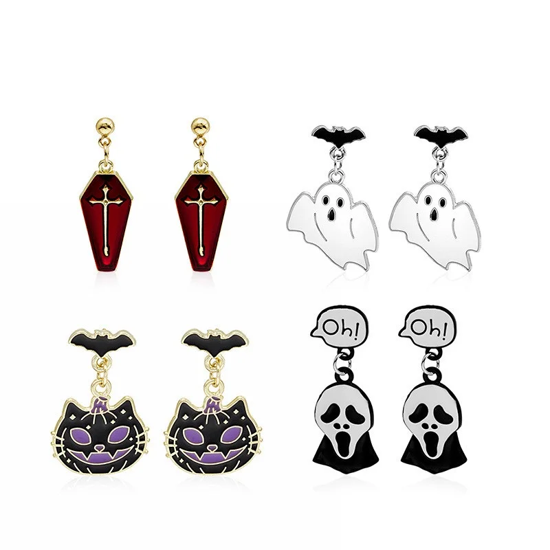 Cute Cartoon Ghost Skull Pendant Earrings Pumpkin Head Coffin Charms Stud Ear Jewelry Halloween Party Gifts For Women Girls