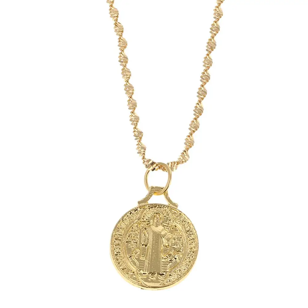 Gold Color Catholic Round Medal Cross Pendant Necklace Patron Saint Benedict Of Nursia Holy Jewelry