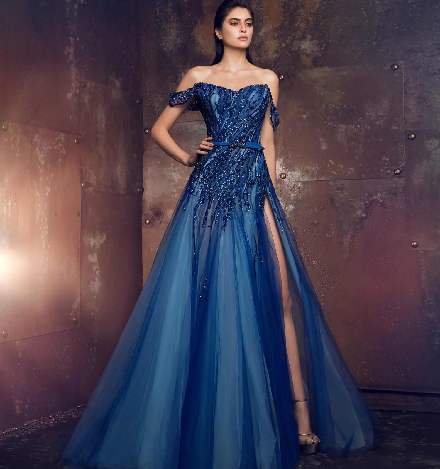 Vestido de noche azul oscuro con cuentas, largo hasta el suelo, lentejuelas, abertura alta, hecho a medida, Formal, celebridad, mujer