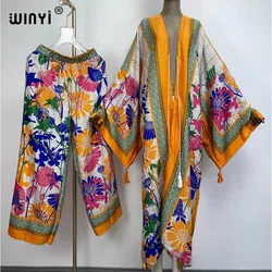 WINYI two-piece suit kimono straight leg pants Bohemian African Over Size Dress Women Elastic Floor Length Holiday kaftan