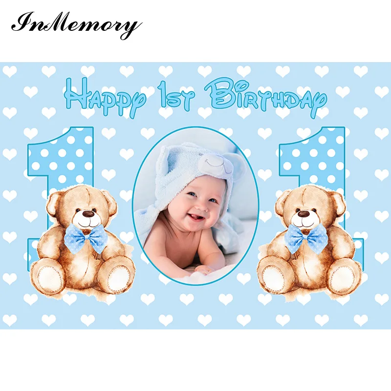 Inmemory Boy 1st Birthday Photography Background Customize Child Photo Bear Baby Blue Theme Party Photo Backdrop Vinyl Photocall