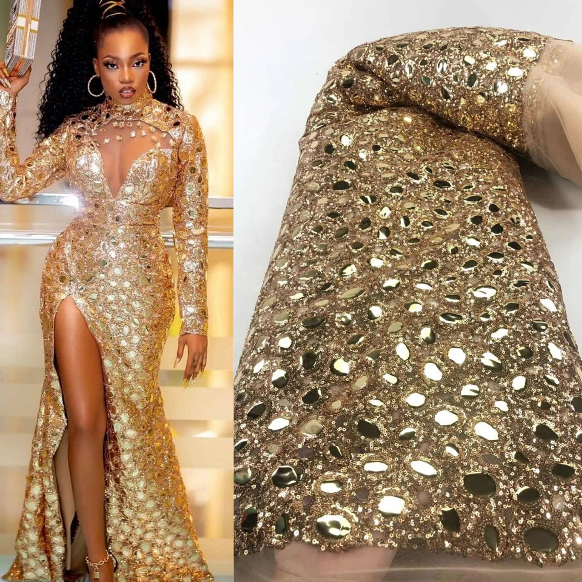 

Big Gold Sequins Royal Fabric Gorgeous Mirror Sequince Dresses Net European Design Tulle Lace