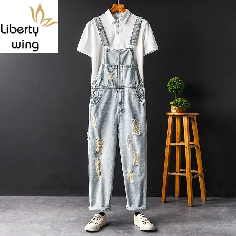 

Japan Style Vintage Men Denim Jumpsuits Summer New Casual Ripped Hole Beggar Jeans High Street Light Blue Cowboy Overalls S-2XL