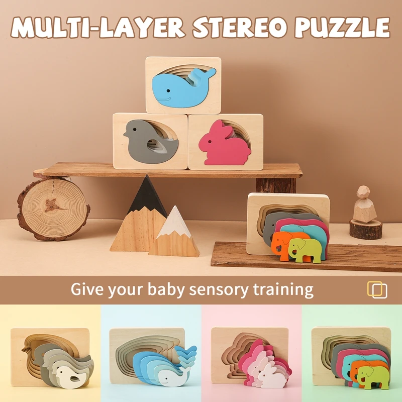 1pc Kids 3d Wooden Multi-layer Puzzles For Children Cartoon Animal Elephant Children Jigsaw Board Early Educational Toy Gift