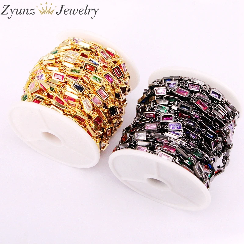 3 Meters, Rectangle Colorful CZ Link Chain, Rainbow Cubic Zircon Faceted Bead With Chain, Wire Wrapped Rosary Style Chain