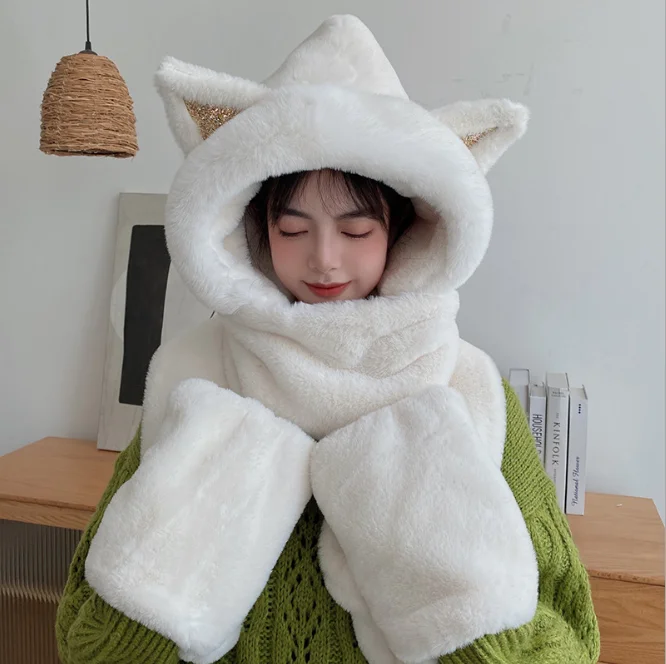 Cat Hat Imitation Fur Winter Women's Fashion Foreign Trade Cross-border Warm Autumn Plush Hat Scarf Glove Integration Gray