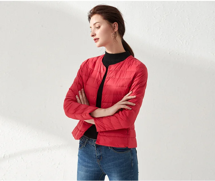 Women's Ultralight Down Liner Jacket, Collarless Packable Puffer Coat, Warm Thin Winter Layer, O-Neck Portable Padded Parka