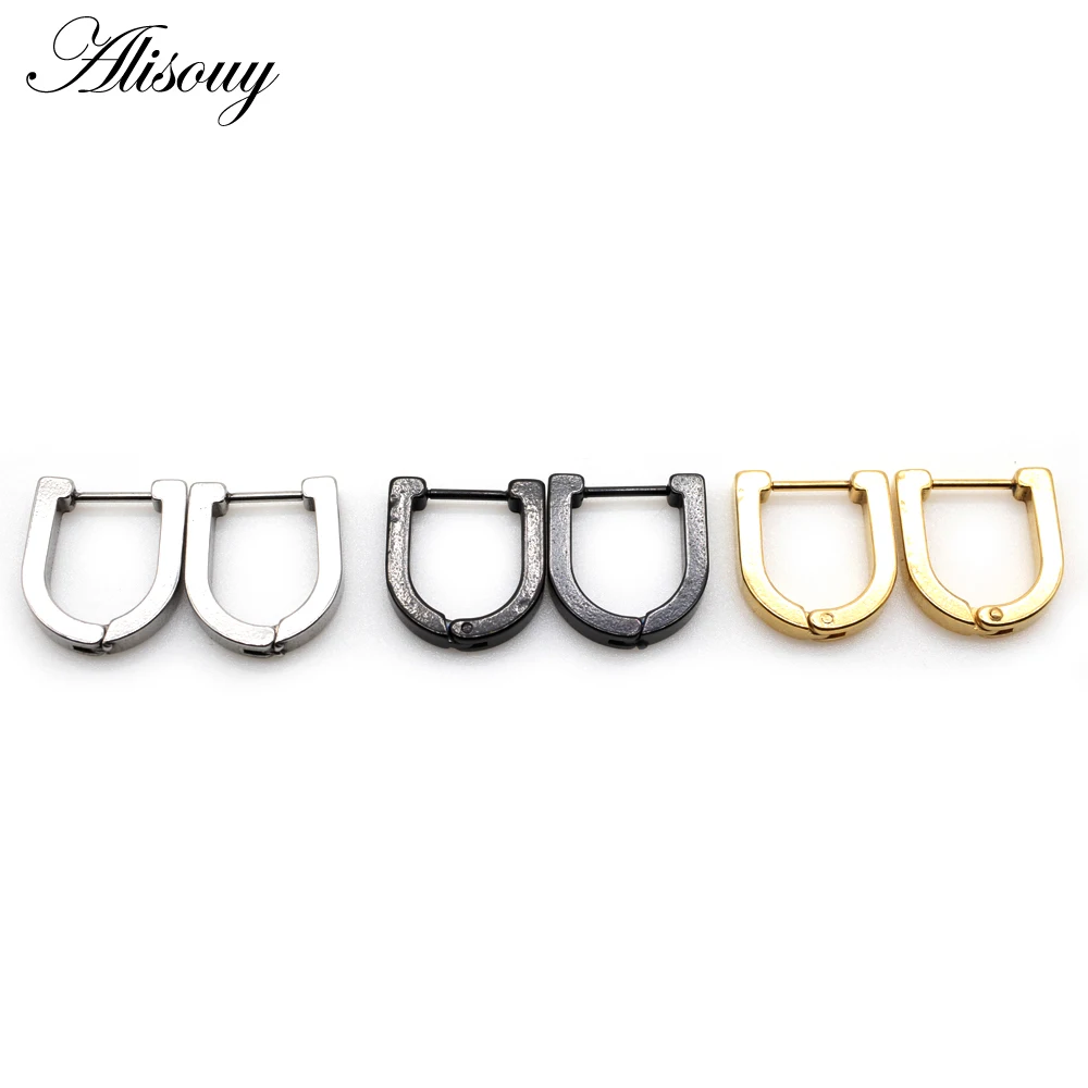 Alisouy 2pcs 3mm Width Punk U Pattern Stainless Steel Women Men Huggies Ear Buckle Hoop Earring Unisex Korean Piercing Jewelry