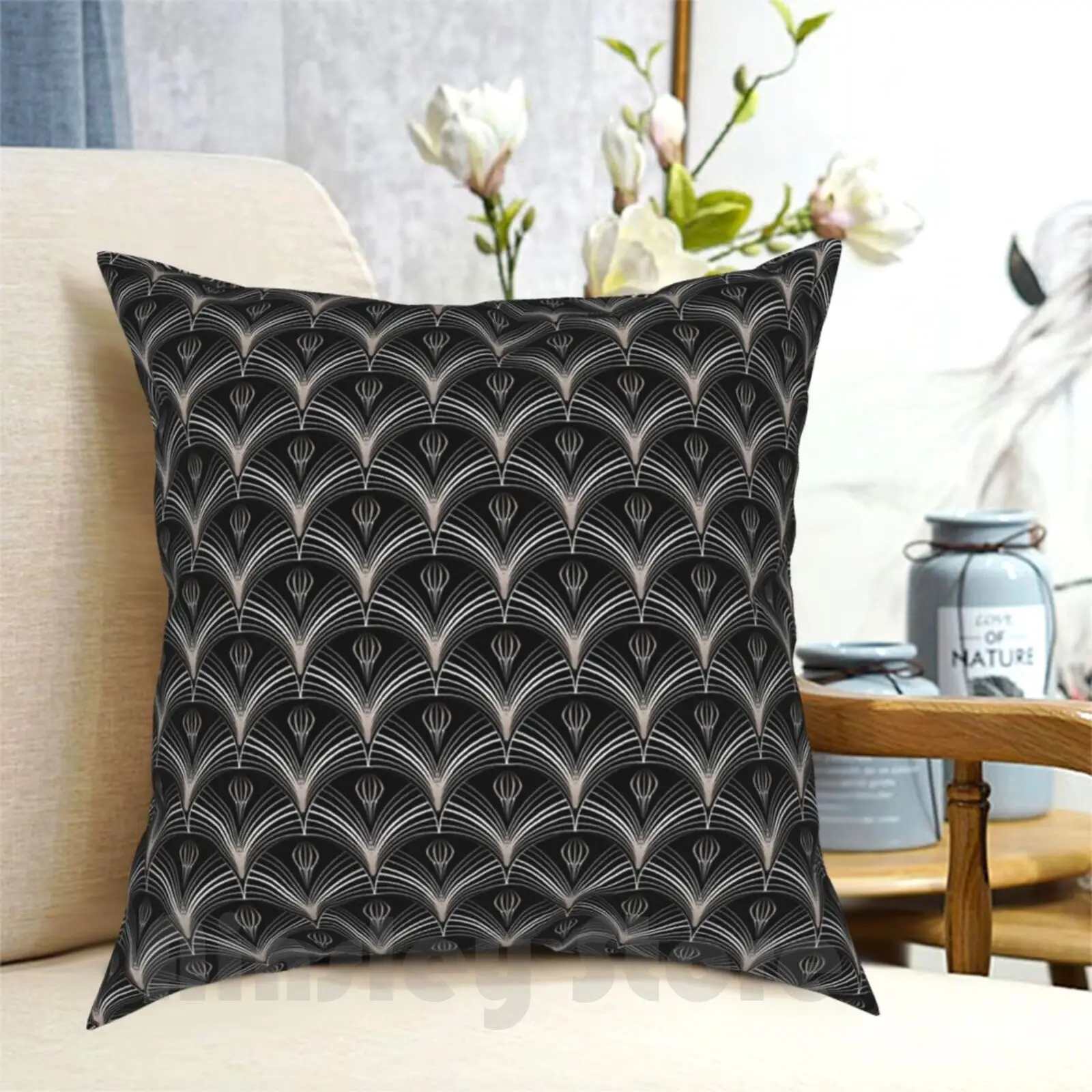 Art Deco Fans Pillow Case Printed Home Soft DIY Pillow cover Art Daisy Gatsby Classic Art Black And Silver Black And Silver