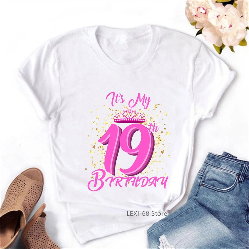 It'S My 14th-19th Birthday Crown Graphic Print Tshirt Tops For Girls Pink Princess Tee Shirt Femme Funny T Shirt Women