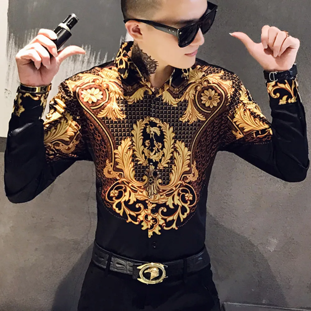 

Luxury Black Gold Print Shirt Royal Men's Tuxedo Camisas Fashion Men Club Clothing Long Sleeve Slim Men's Baroque Banquet Shirt