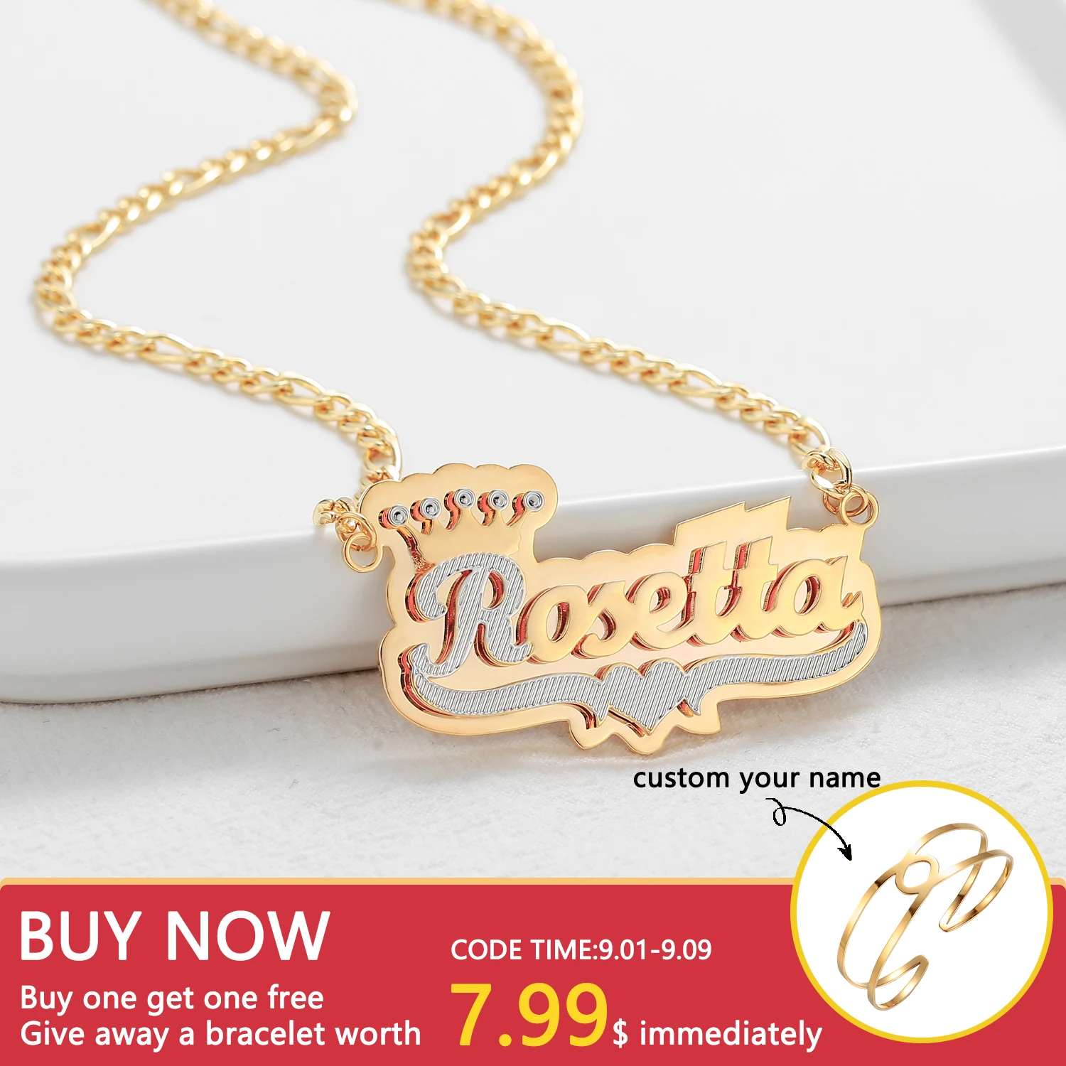 

Double Layer Two Tone With Heart Personalized 3D Gold Plated Name Necklace Custom Crown Name Necklaces For Women Jewelry Gifts