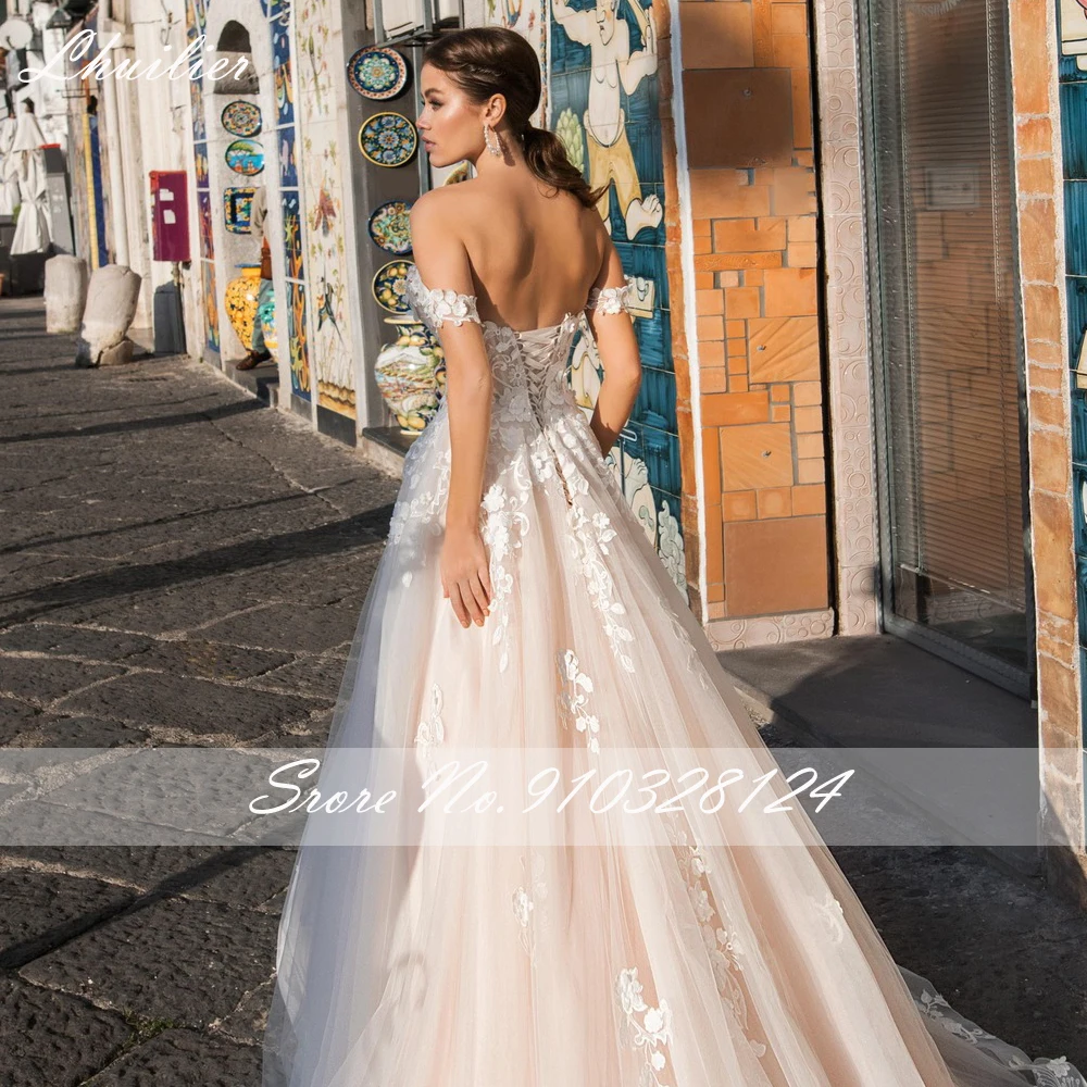 Lhuilier-vestidos de novia personalizados con hombros descubiertos, corte en A, largo hasta el suelo, Apliques de encaje, cola de corte, vestido de novia con flores