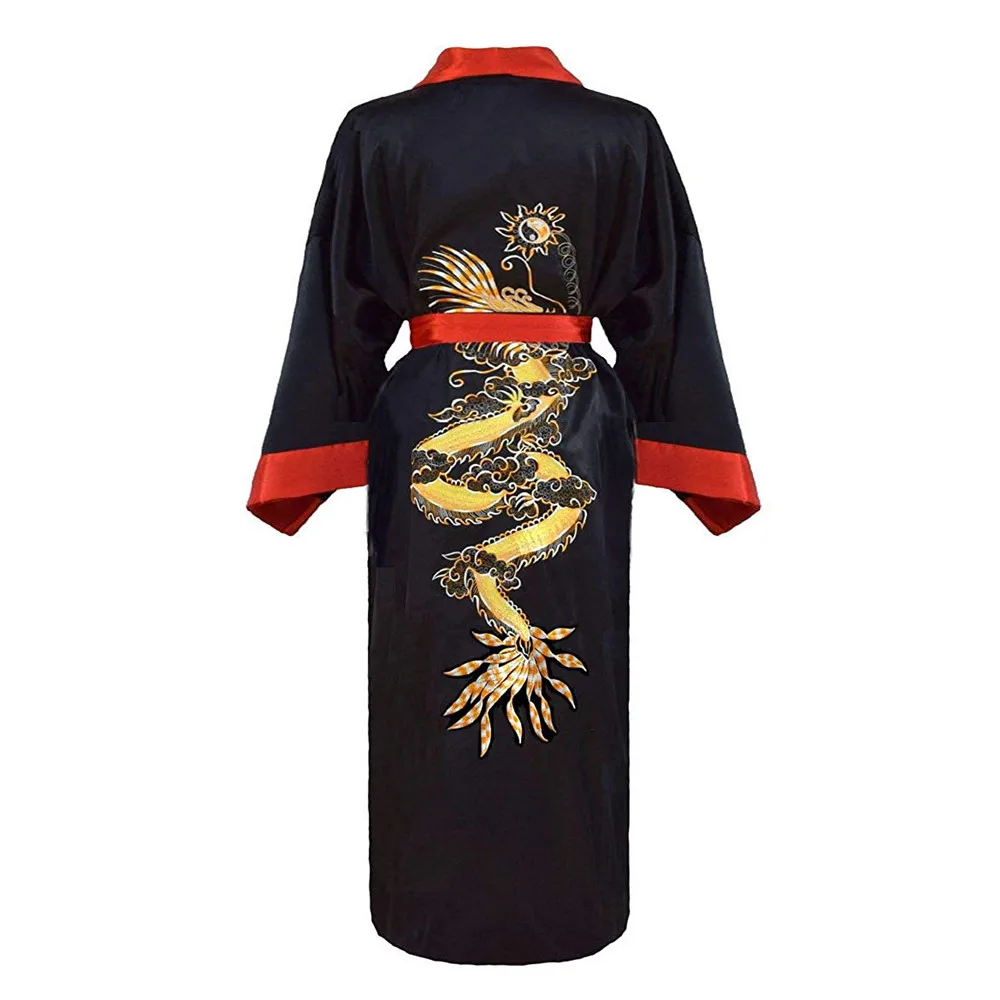 Red Black Chinese Men Reversible Satin Robe Embroidery Dragon Kimono Bathrobe Gown Two-side Nightwear Silky Loose Sexy Sleepwear