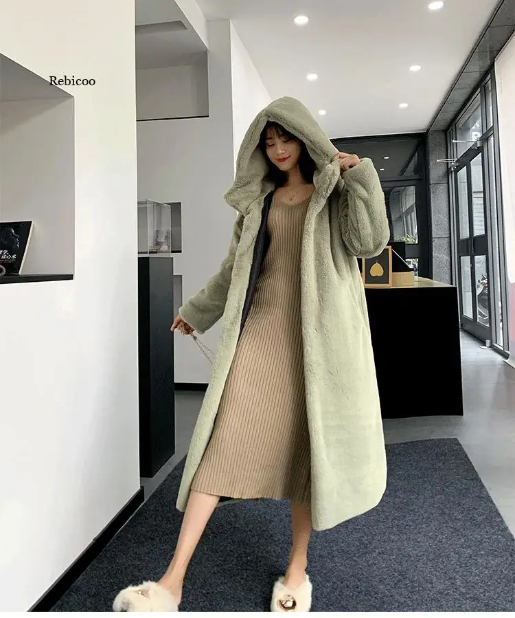 Winter Women Faux Rabbit Fur Coat Luxury Long Fur Coat Hooded OverCoat Warm  Female Plush Woman Coats Fluffy Jacket