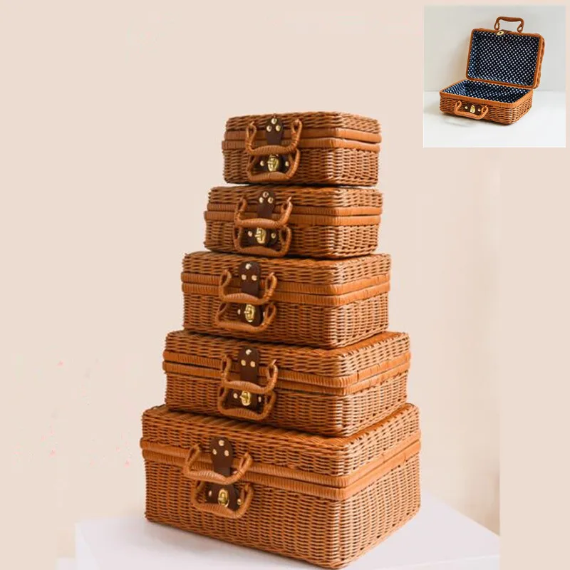 Vintage Portable Handmade Suitcase Rattan Woven summer bohemian style woven Women Box Handbag Fashion Square beach bag