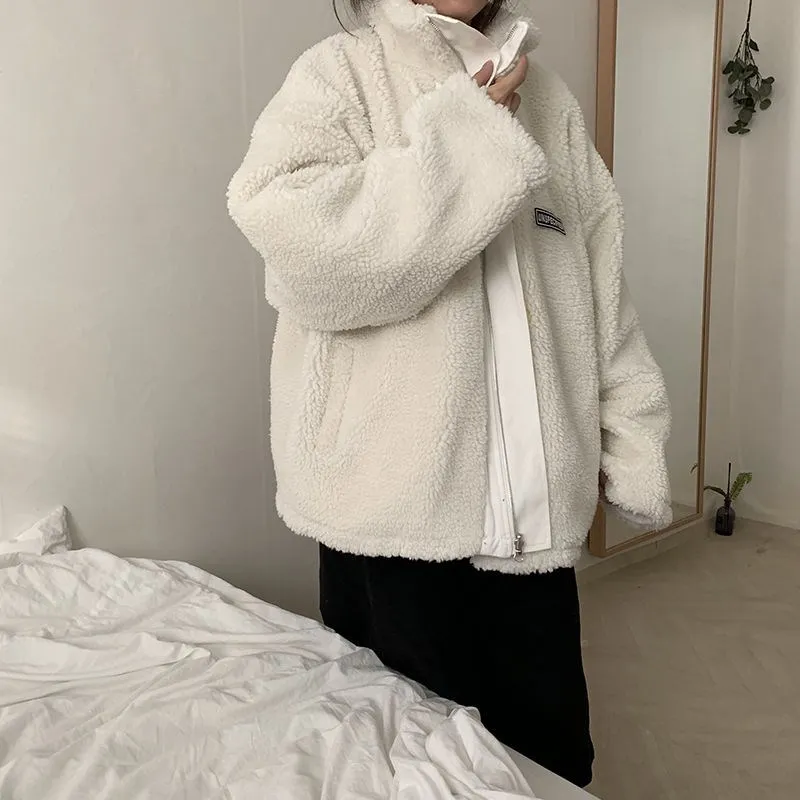 Women New Retro Hong Kong Style Ins Small Short Cotton Jacket 2023 Both Sides Wear Winter Lamb Velvet Jackets Tide Coats Female