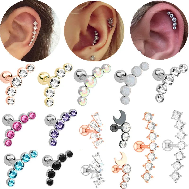 Crystal Cartilage Helix Tragus Stud Earrings Flower Conch Piercing Earring Moon Tragus Piercing Earring Helix Zircon Ear Stud