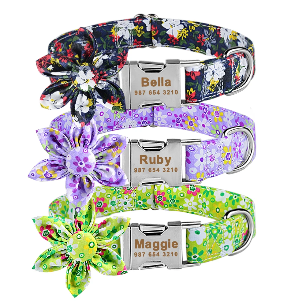 Personalized Flower Dog Collar Nylon Metal Buckle Small Medium Large Puppy Engraved Name Collars Pet Cat Dog Supplies