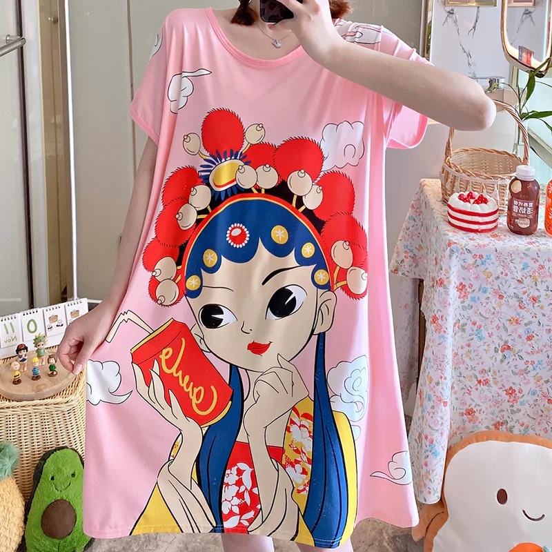 Summer Night Wear Loose Thin Youth Nightdress Cartoon Printed Sleep Wear Short Sleeve Casual Girls Students Sleepwear Loungewear