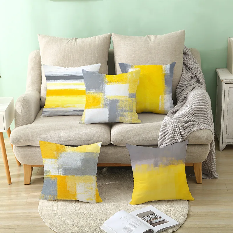 Polyester Modern Abstract Art Geometric Cushion Case Yellow Blue Black Abstract Oil Painting Pillowcase Sofa Seat Throw Pillows