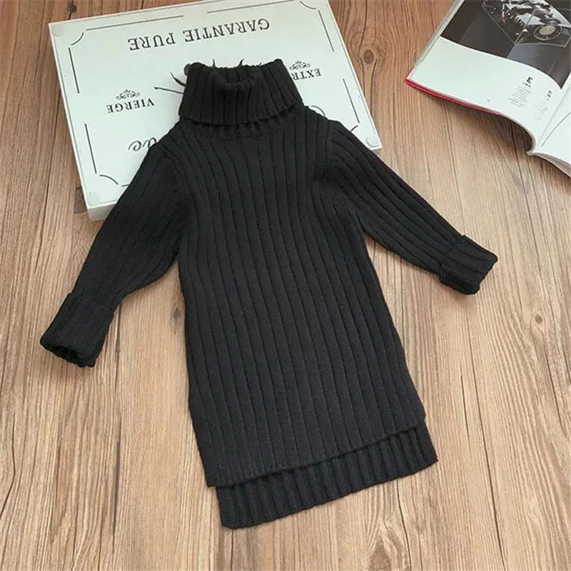 Toddler Girl Spring Dress 2024 Winter Sweater Clothes Solid Color Baby Girls Turtleneck Clothes 2-7Y Little Knitting